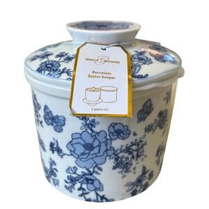 Grace Teaware Fine Porcelain Blue Floral Butter Crock w/ Lid NEW